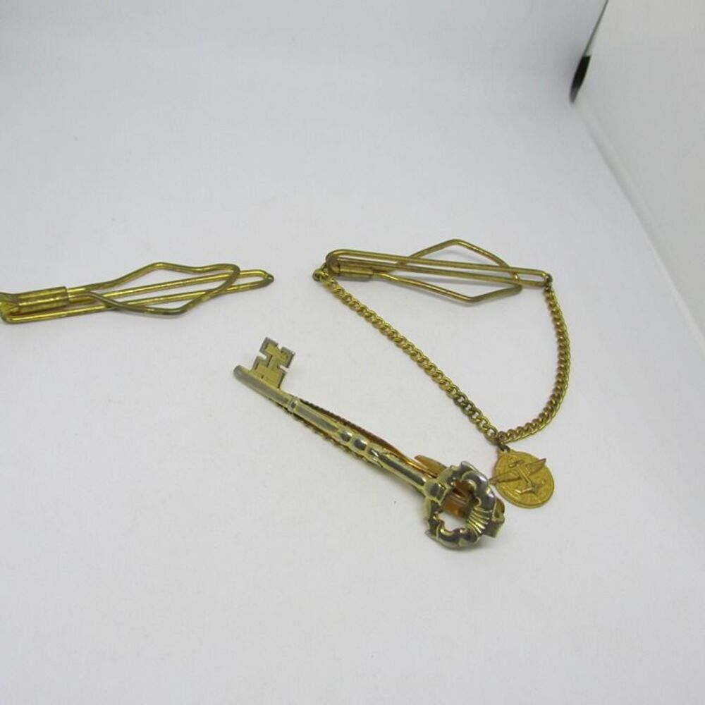 Set of 3 gold tone Bar Tie Clips Navy Aviation  Straight Bar and Key
